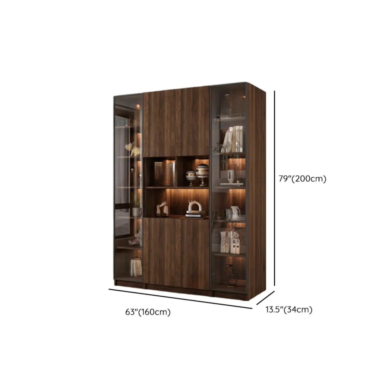 Modern Glass Door Walnut Wooden 5-Shelf Bookcase Image - 36 | homeyfad