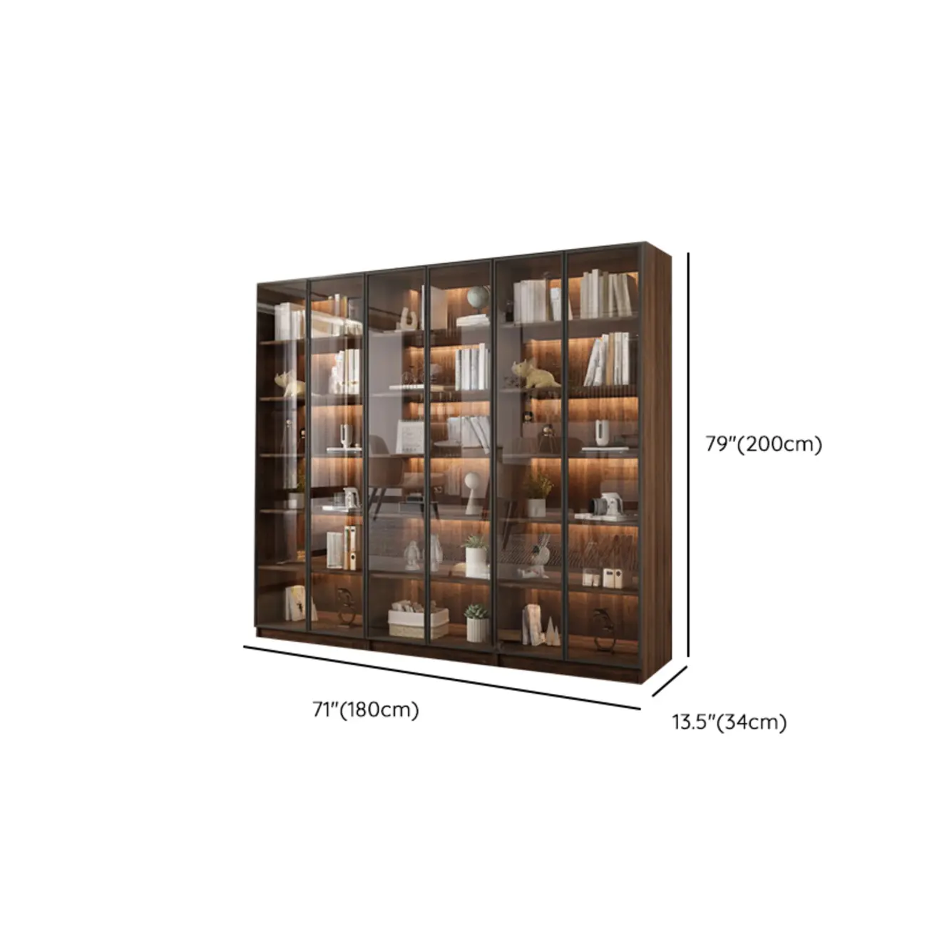 Modern Glass Door Walnut Wooden 5-Shelf Bookcase Image - 37 | homeyfad