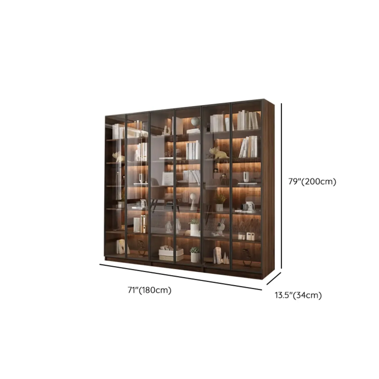 Modern Glass Door Walnut Wooden 5-Shelf Bookcase Image - 37