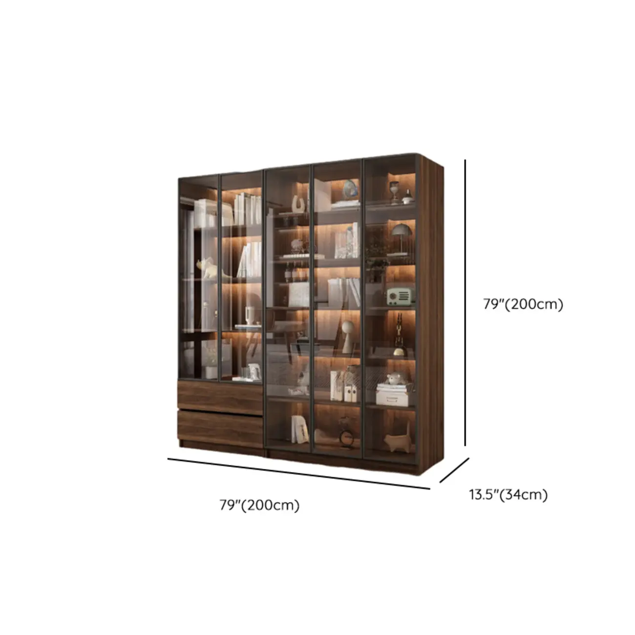 Modern Glass Door Walnut Wooden 5-Shelf Bookcase Image - 38 | homeyfad