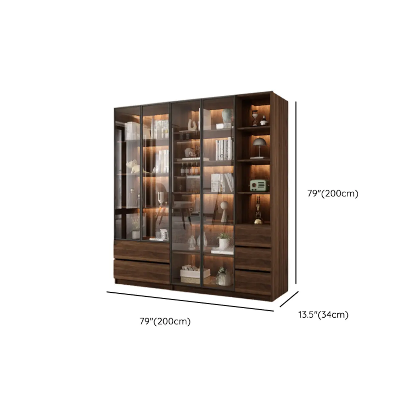 Modern Glass Door Walnut Wooden 5-Shelf Bookcase Image - 39 | homeyfad