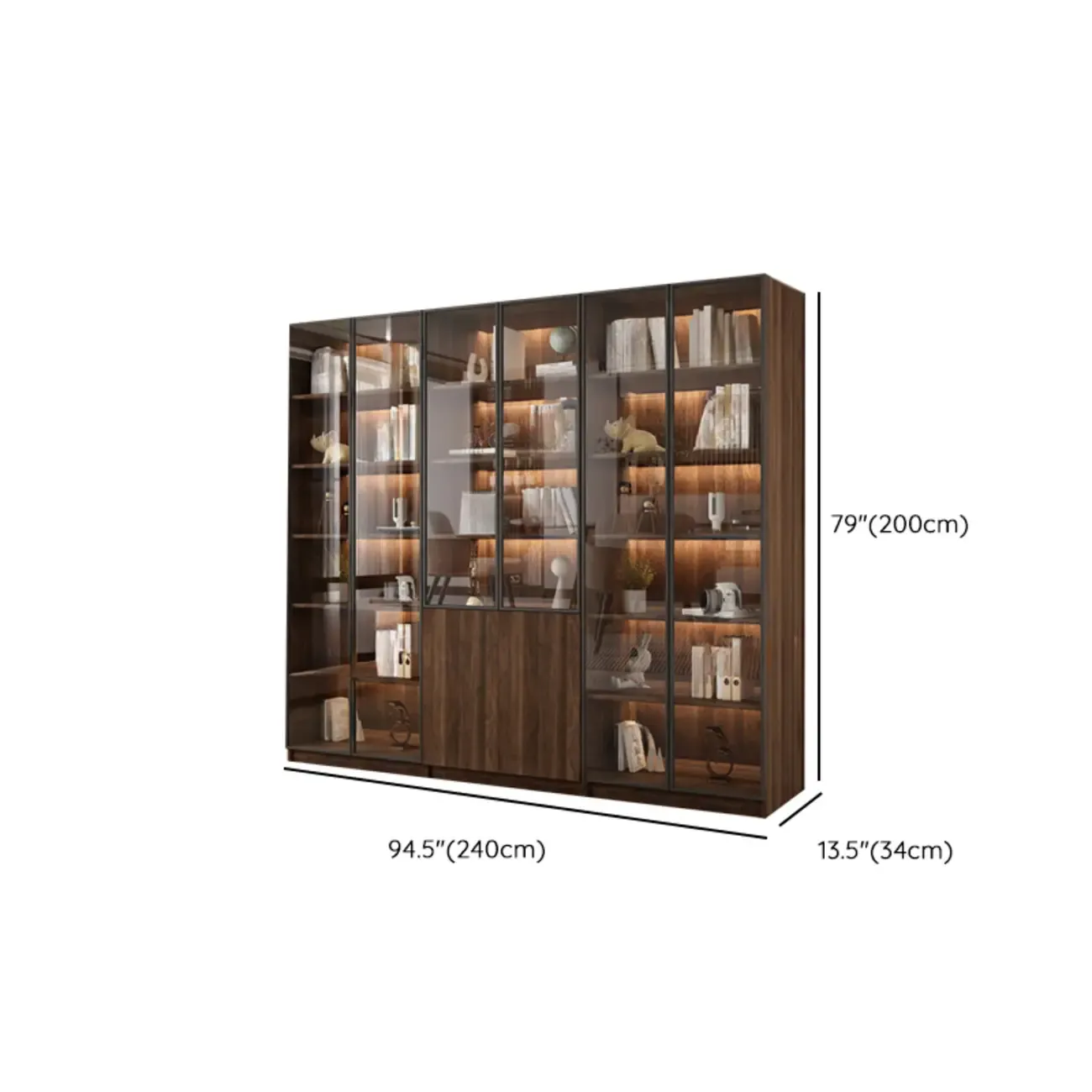 Modern Glass Door Walnut Wooden 5-Shelf Bookcase Image - 41