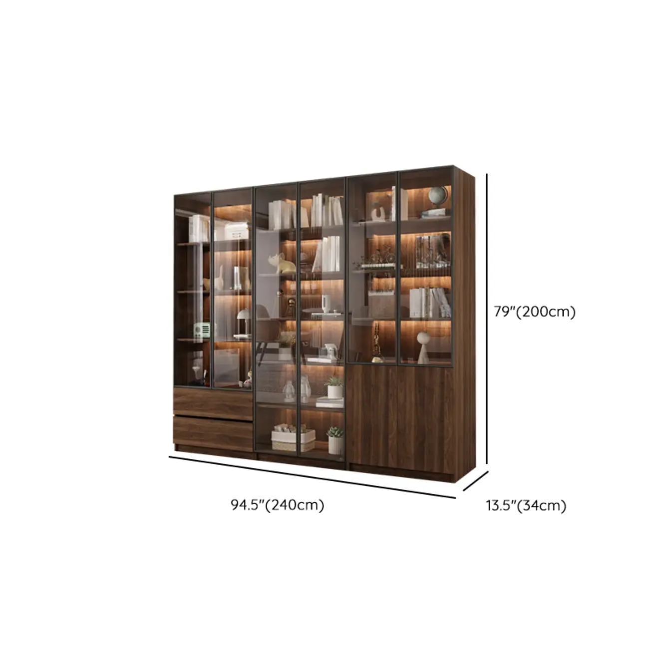 Modern Glass Door Walnut Wooden 5-Shelf Bookcase Image - 42 | homeyfad