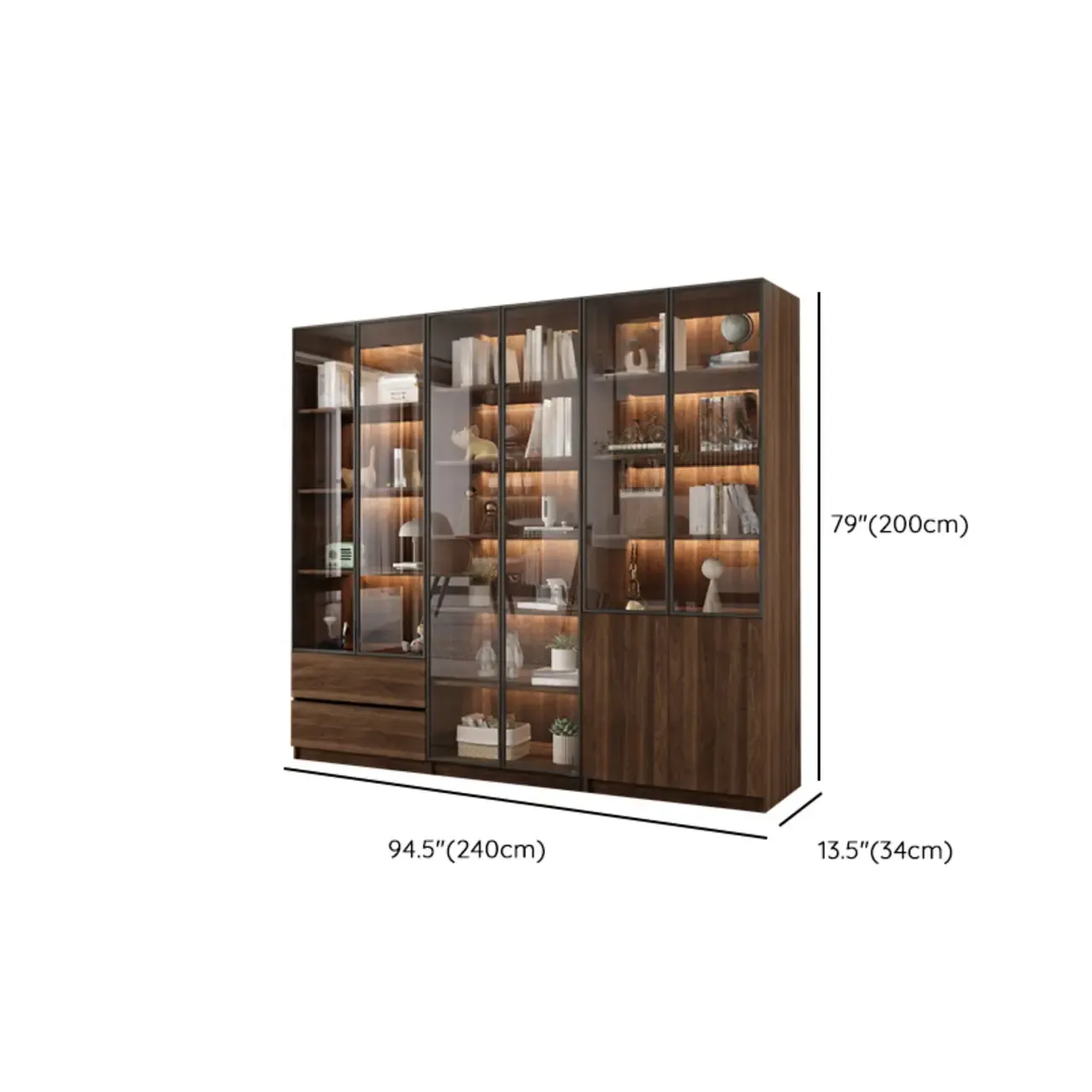 Modern Glass Door Walnut Wooden 5-Shelf Bookcase Image - 42