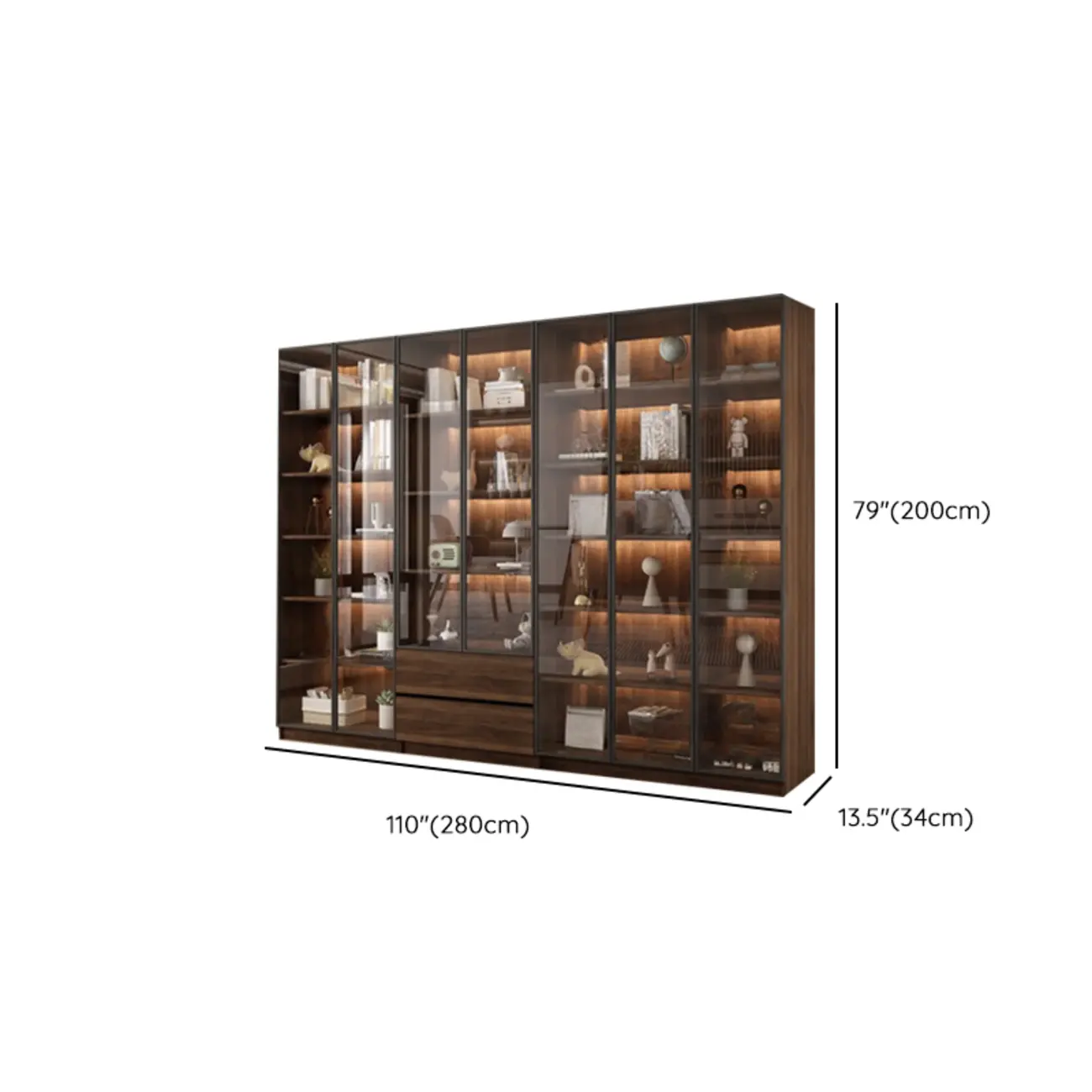 Modern Glass Door Walnut Wooden 5-Shelf Bookcase Image - 45 | homeyfad