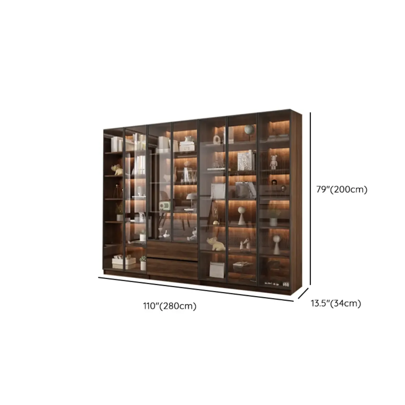 Modern Glass Door Walnut Wooden 5-Shelf Bookcase Image - 45