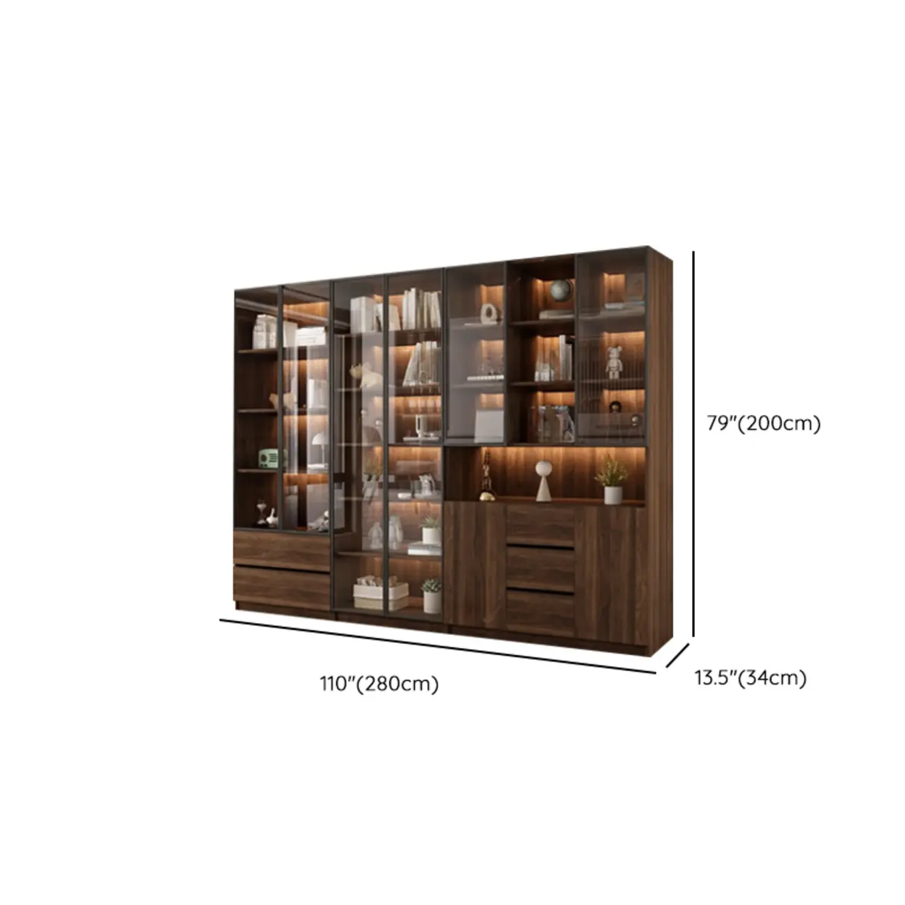 Modern Glass Door Walnut Wooden 5-Shelf Bookcase Image - 46 | homeyfad