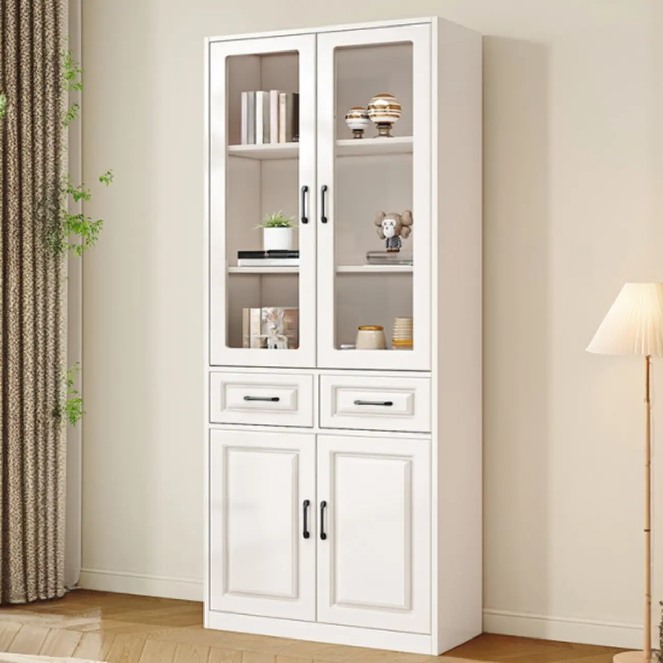 Rectangular White Wood Vertical Display Bookcase with Drawers Image - 5 | homeyfad
