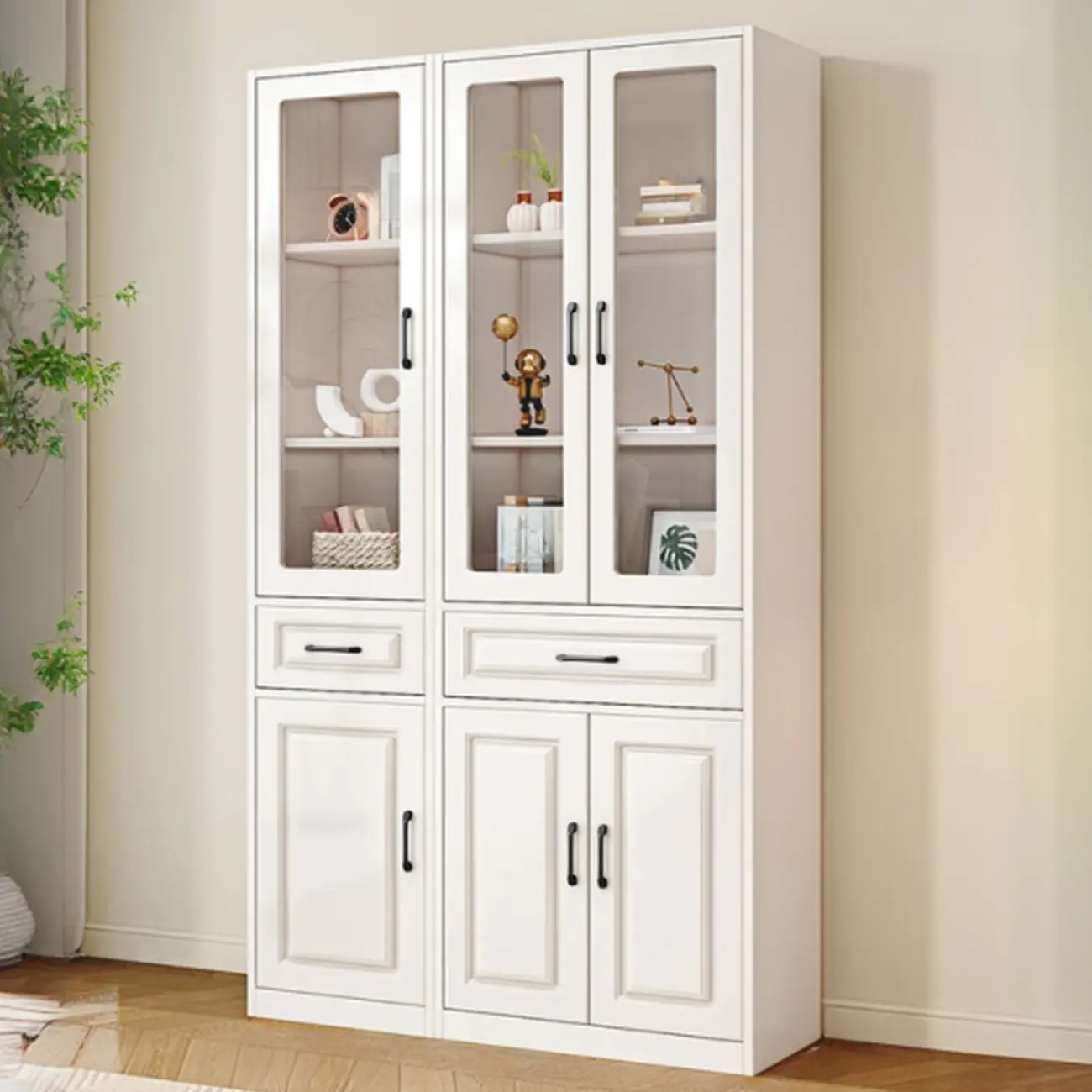 Rectangular White Wood Vertical Display Bookcase with Drawers Image - 6 | homeyfad