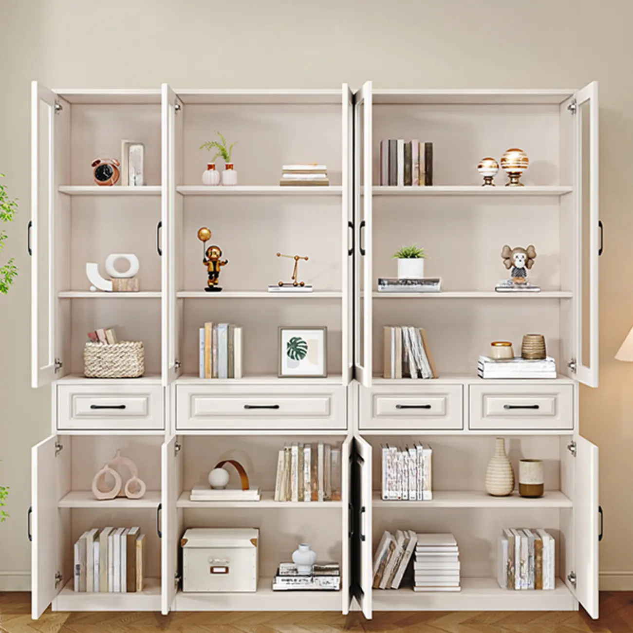 Rectangular White Wood Vertical Display Bookcase with Drawers Image - 1 | homeyfad