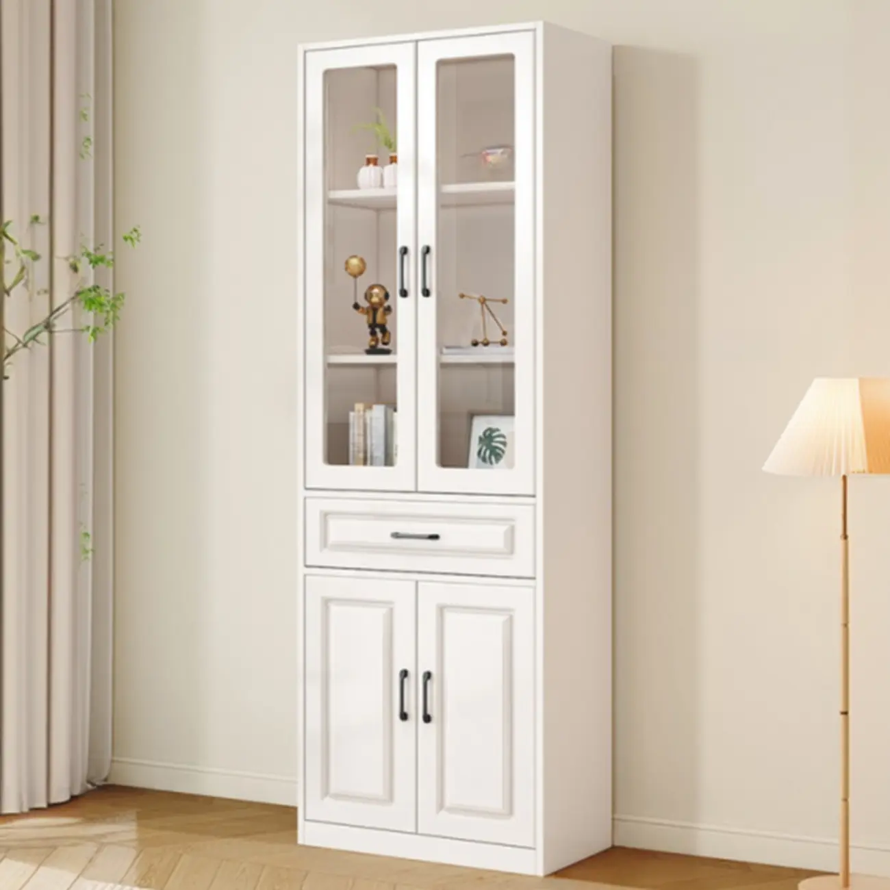 Rectangular White Wood Vertical Display Bookcase with Drawers Image - 4 | homeyfad