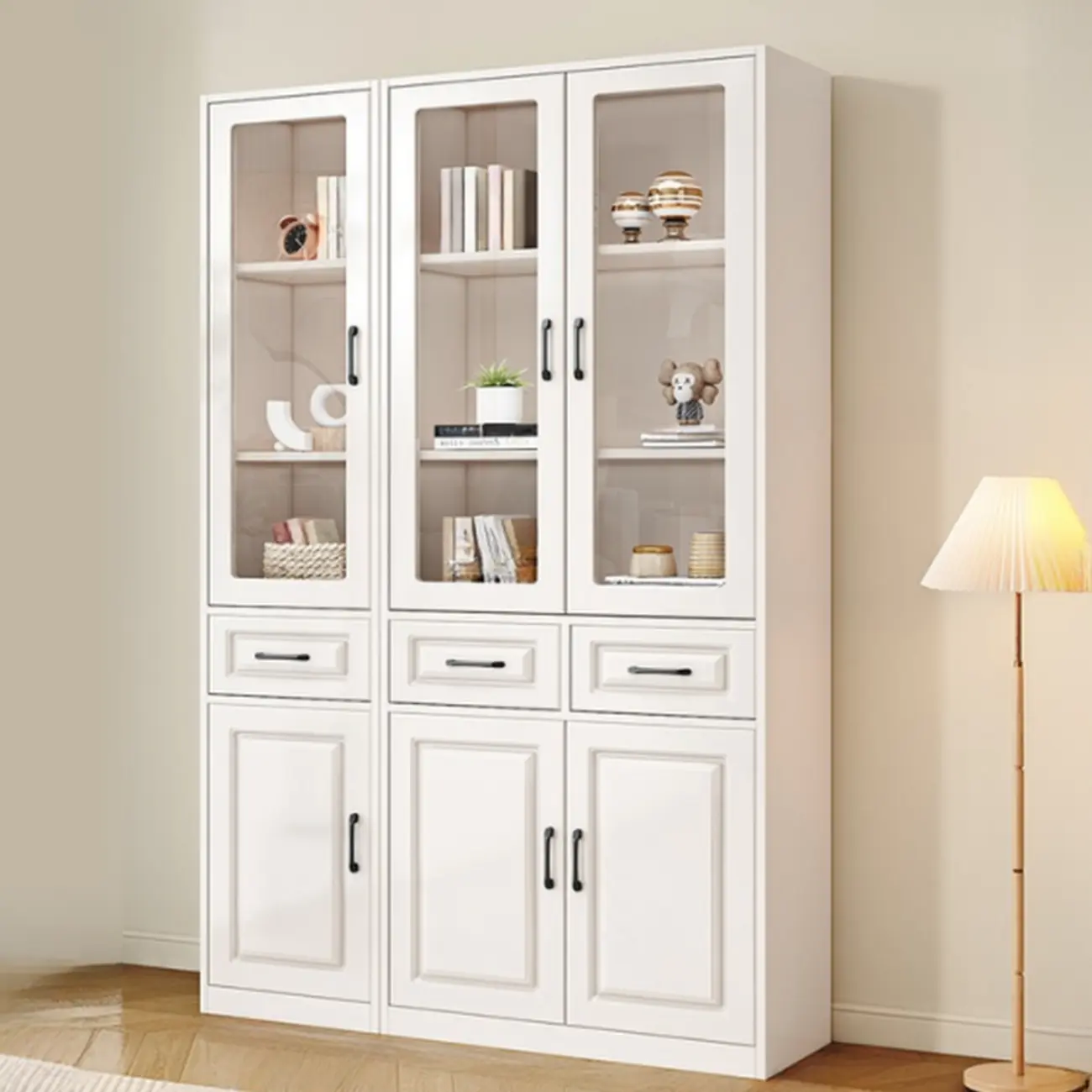 Rectangular White Wood Vertical Display Bookcase with Drawers Image - 7 | homeyfad