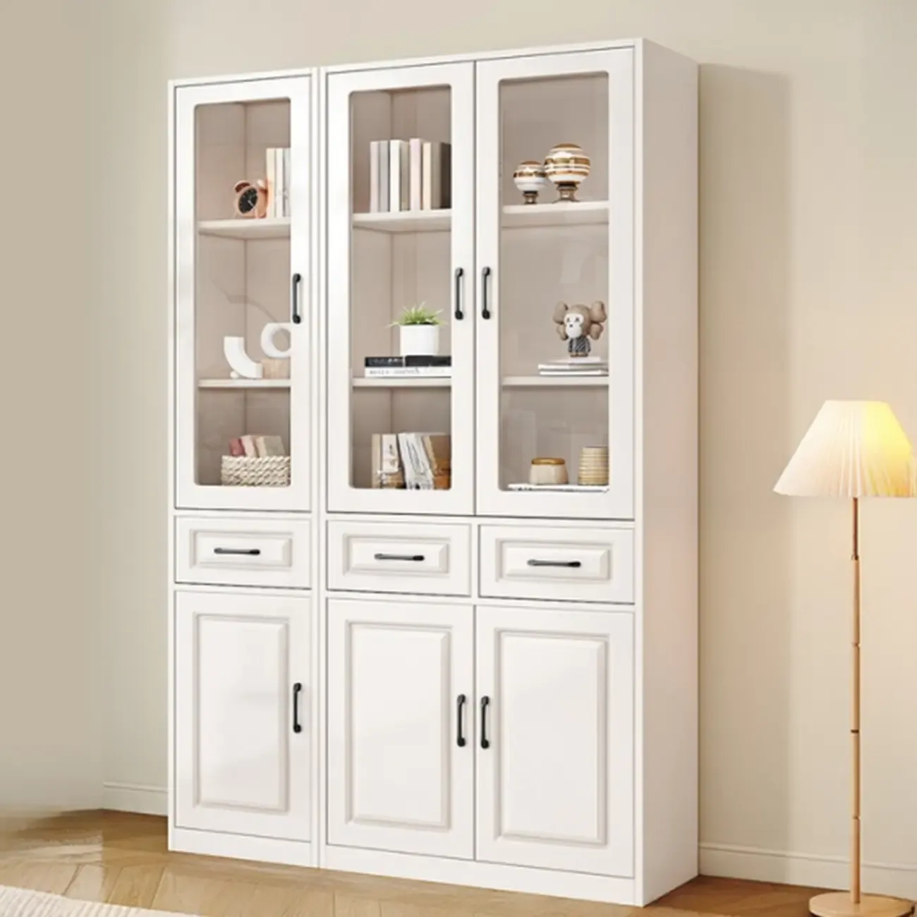 Rectangular White Wood Vertical Display Bookcase with Drawers Image - 7