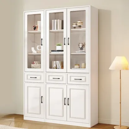 Rectangular White Wood Vertical Display Bookcase with Drawers Image - 7