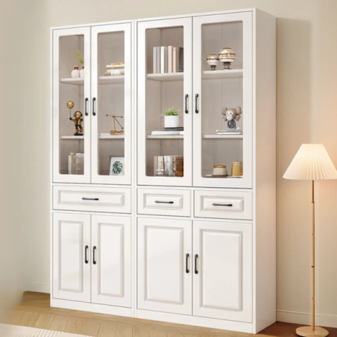 Rectangular White Wood Vertical Display Bookcase with Drawers Image - 8 | homeyfad