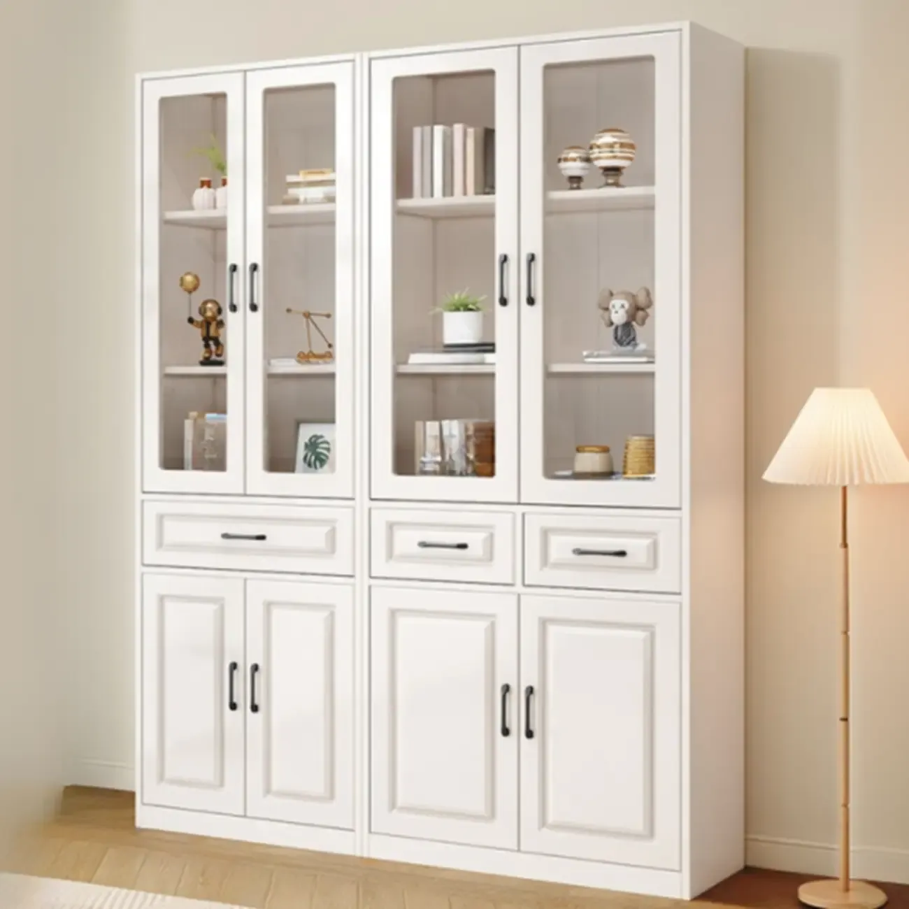 Rectangular White Wood Vertical Display Bookcase with Drawers Image - 8