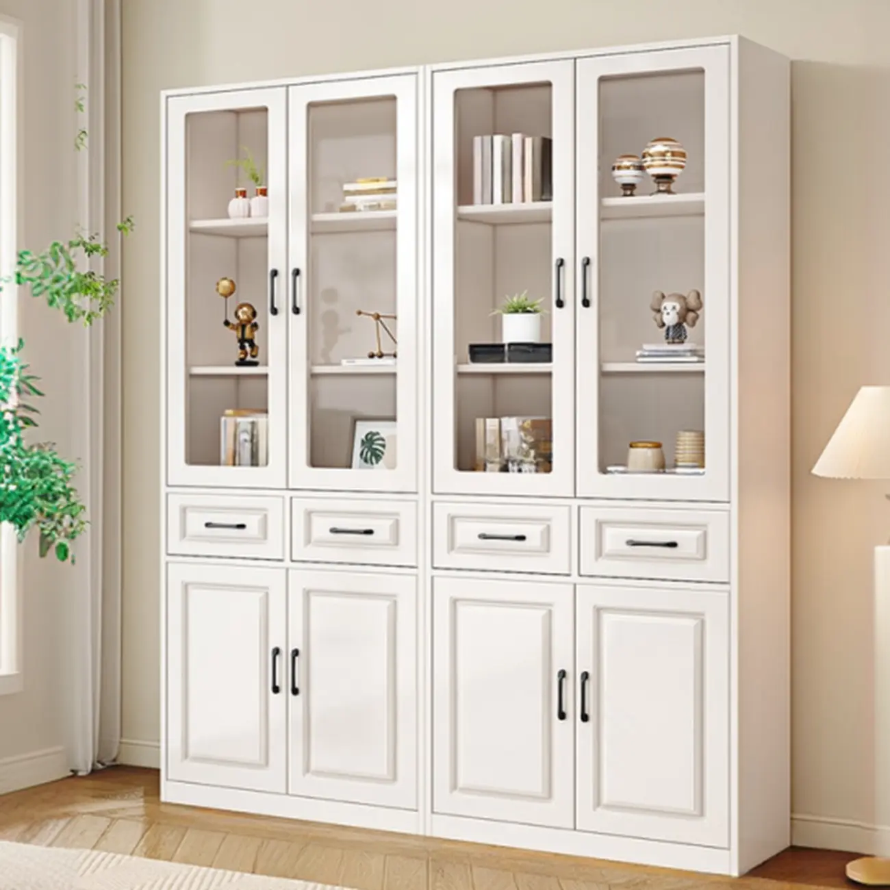 Rectangular White Wood Vertical Display Bookcase with Drawers Image - 2 | homeyfad