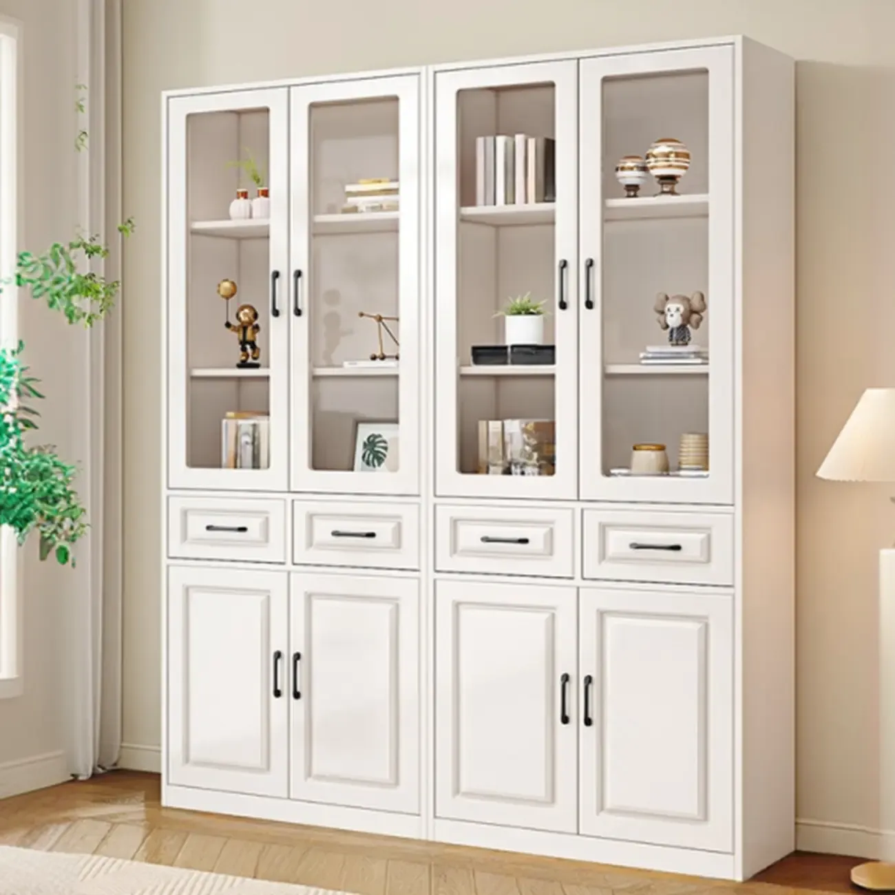Rectangular White Wood Vertical Display Bookcase with Drawers Image - 2