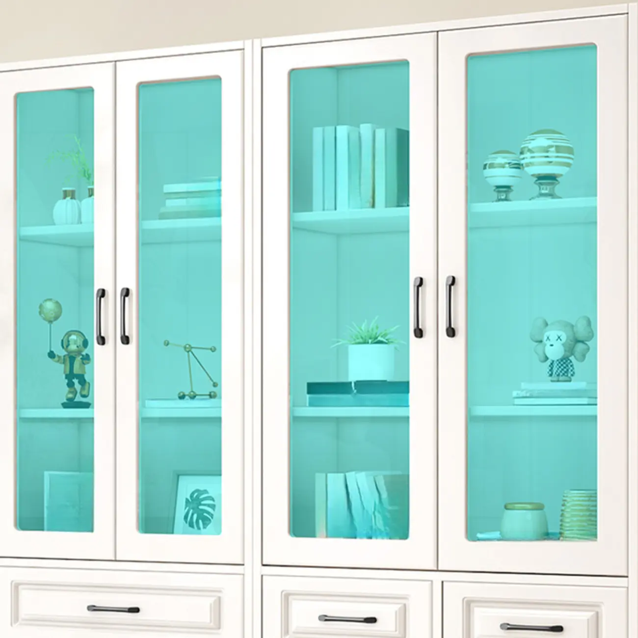 Rectangular White Wood Vertical Display Bookcase with Drawers Image - 10 | homeyfad