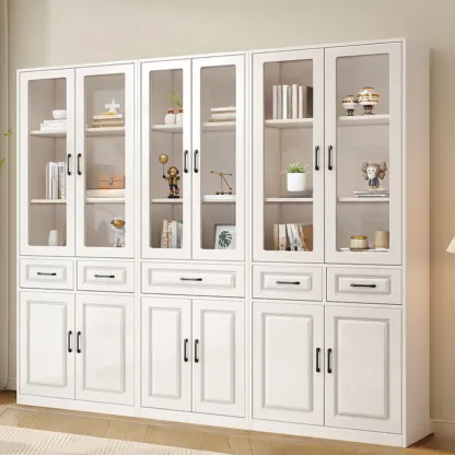 Rectangular White Wood Vertical Display Bookcase with Drawers Image - 11