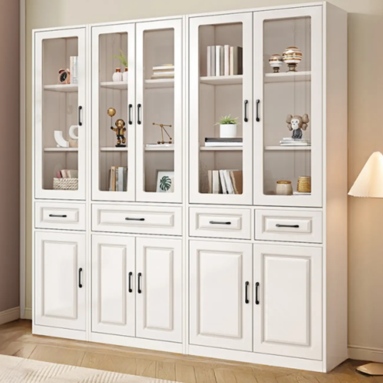 Rectangular White Wood Vertical Display Bookcase with Drawers Image - 13 | homeyfad