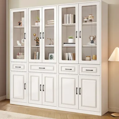 Rectangular White Wood Vertical Display Bookcase with Drawers Image - 13