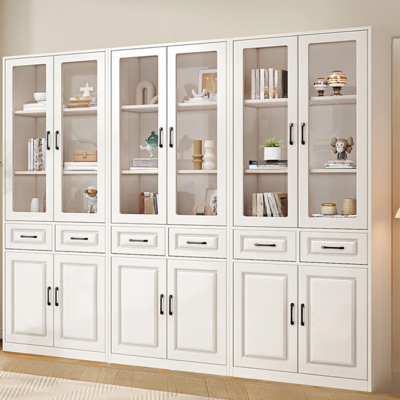 Rectangular White Wood Vertical Display Bookcase with Drawers Image - 14 | homeyfad