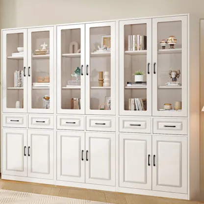 Rectangular White Wood Vertical Display Bookcase with Drawers Image - 14