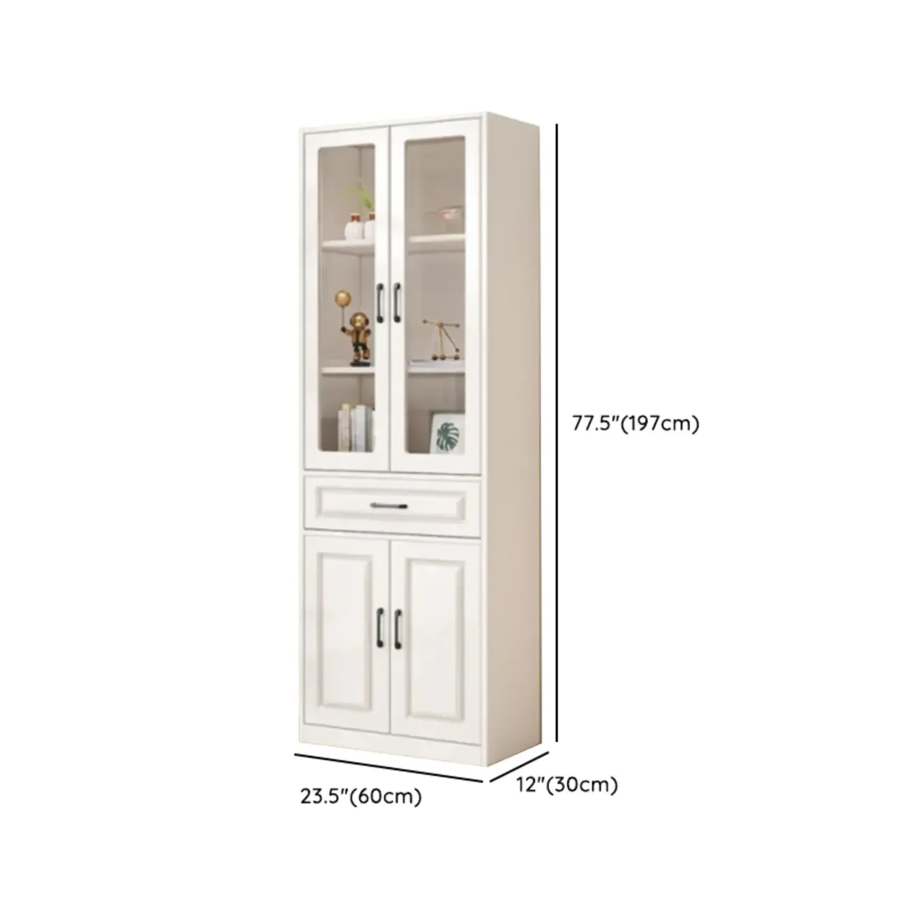 Rectangular White Wood Vertical Display Bookcase with Drawers #size