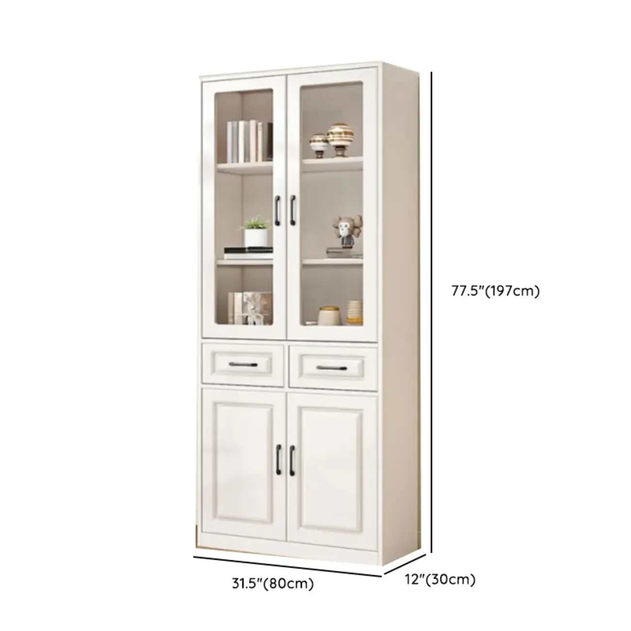 Rectangular White Wood Vertical Display Bookcase with Drawers Image - 19