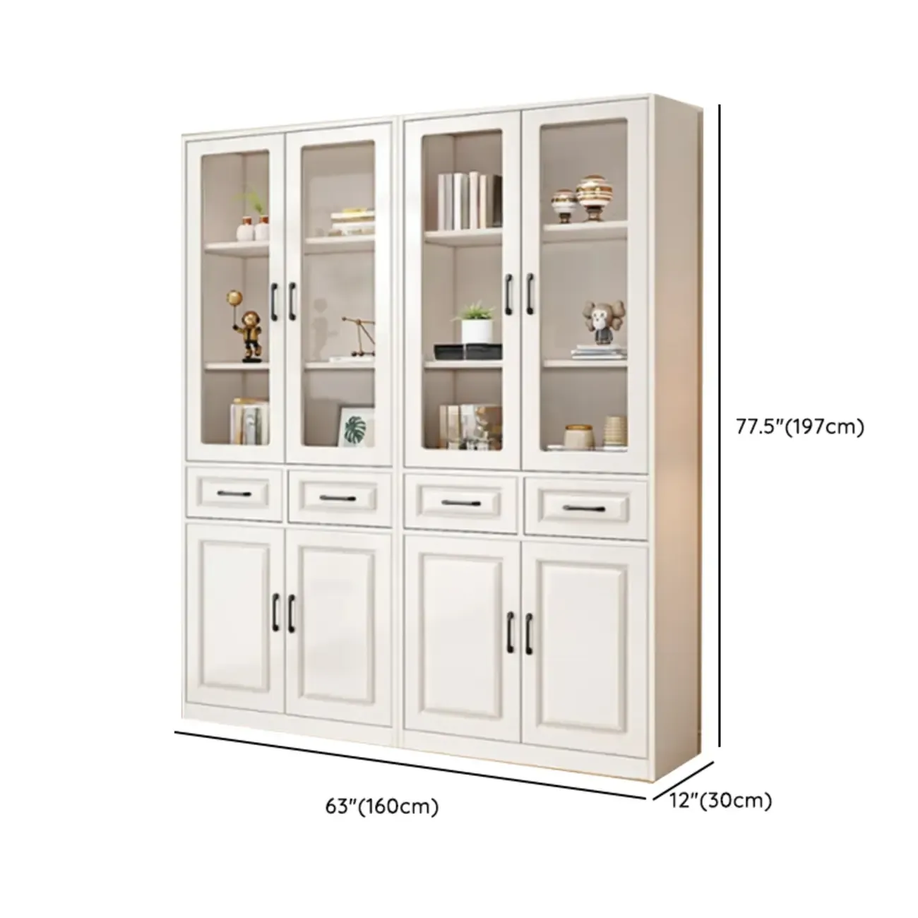 Rectangular White Wood Vertical Display Bookcase with Drawers Image - 22
