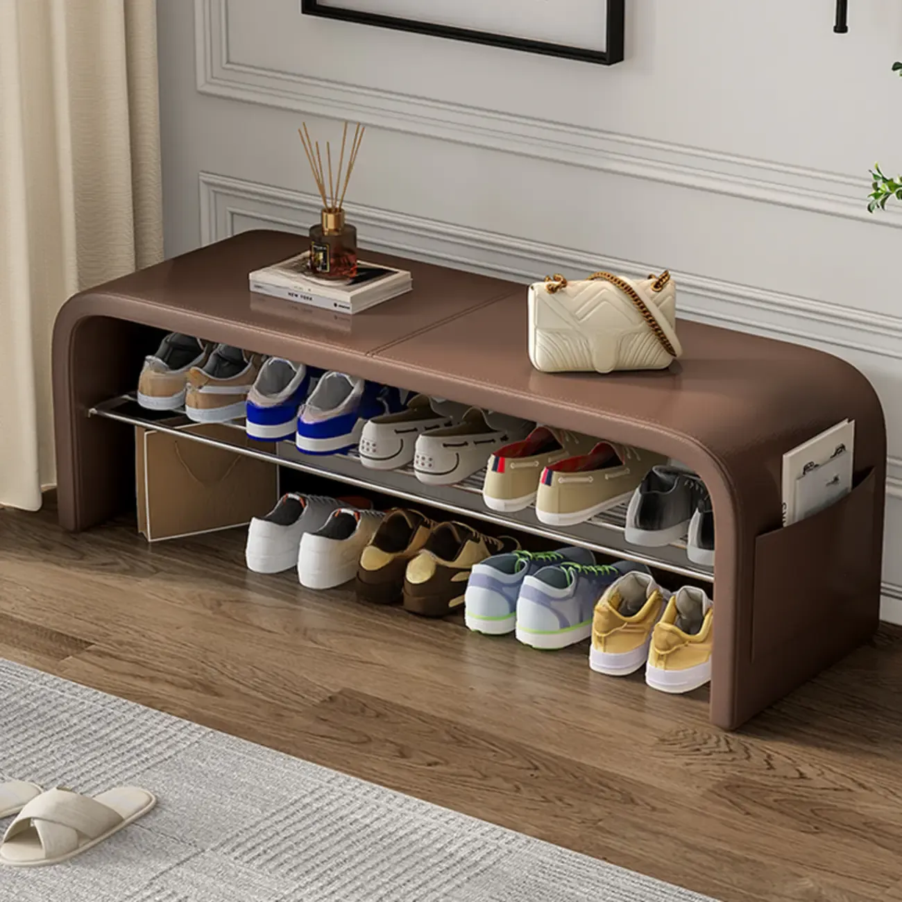 Minimalist Square Cushioned Metal Storage Entryway Bench Image - 3