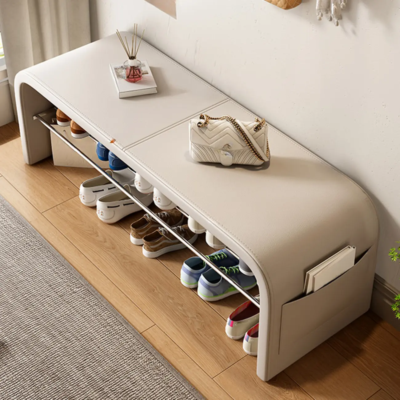 Minimalist Square Cushioned Metal Storage Entryway Bench Image - 2 | homeyfad