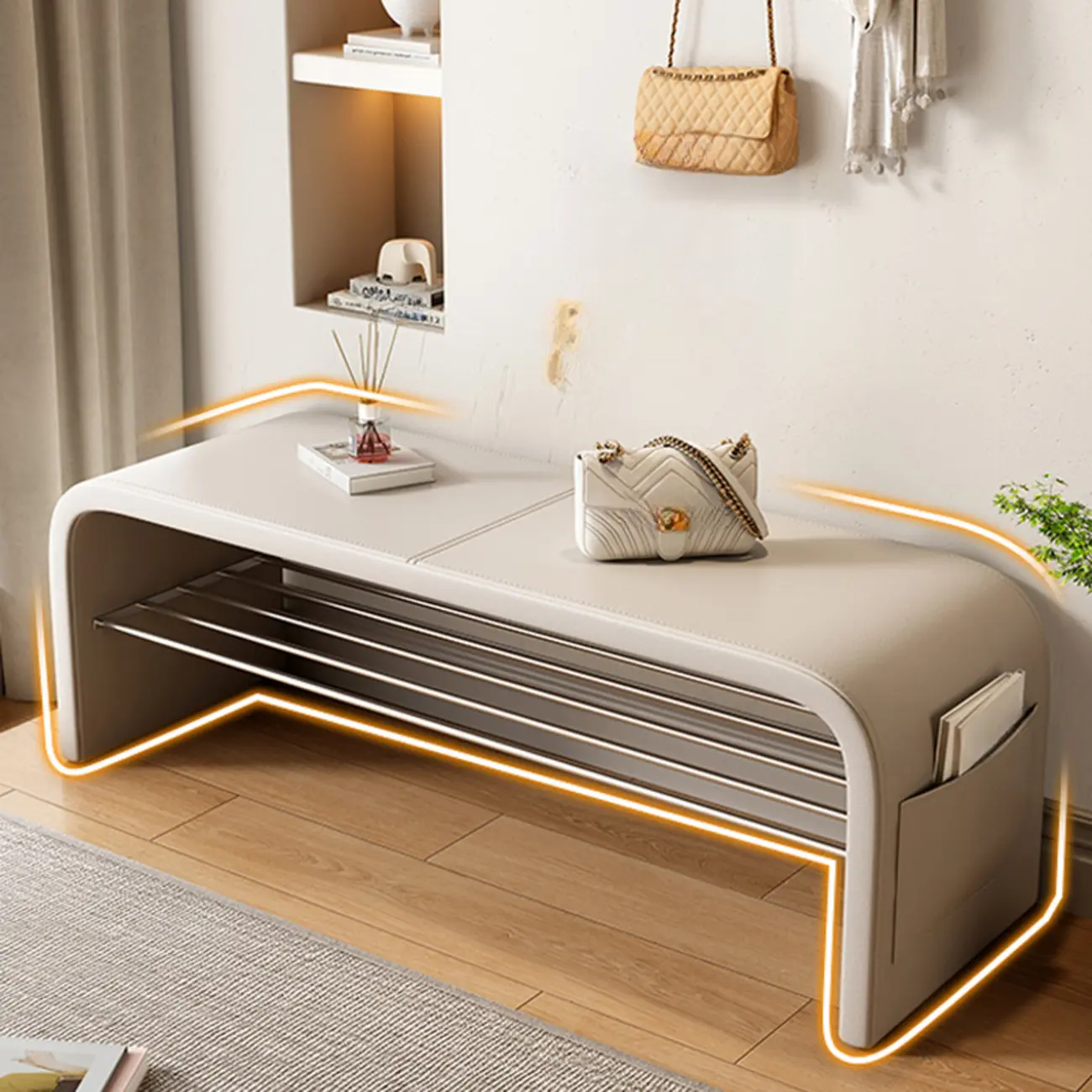 Minimalist Square Cushioned Metal Storage Entryway Bench Image - 5 | homeyfad