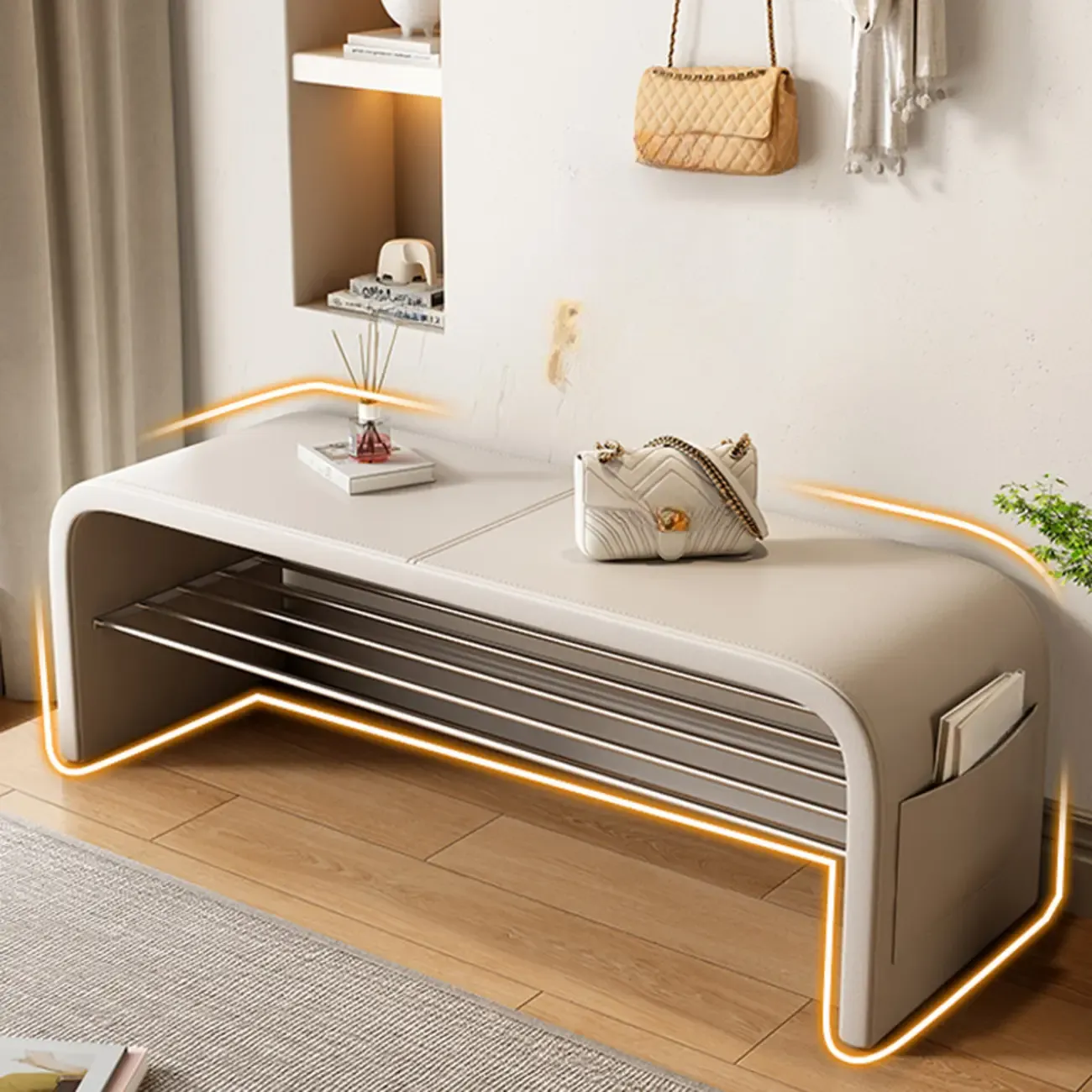 Minimalist Square Cushioned Metal Storage Entryway Bench Image - 5
