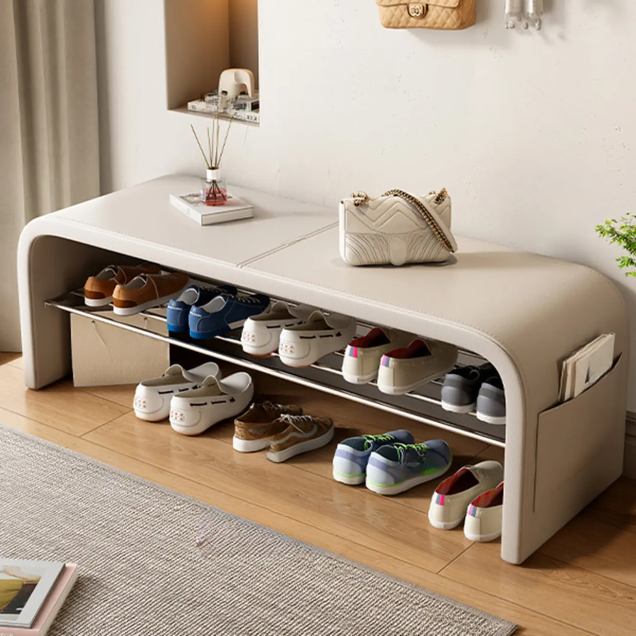 Minimalist Square Cushioned Metal Storage Entryway Bench Image - 7 | homeyfad