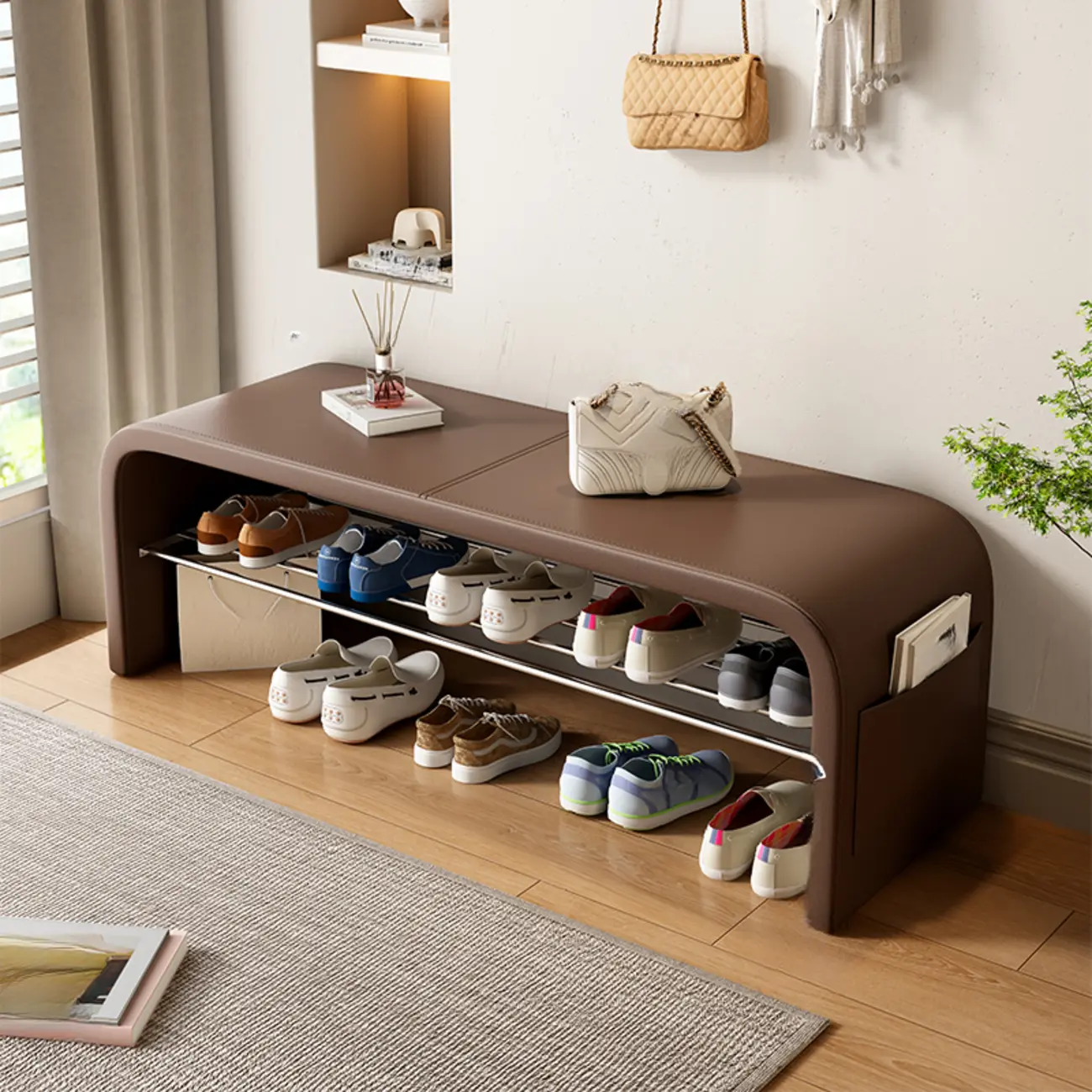 Minimalist Square Cushioned Metal Storage Entryway Bench Image - 8 | homeyfad