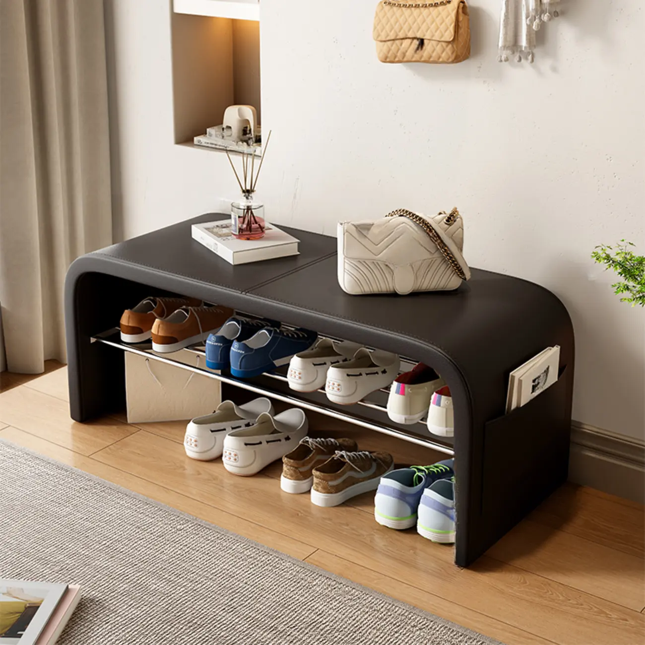 Minimalist Square Cushioned Metal Storage Entryway Bench Image - 9 | homeyfad