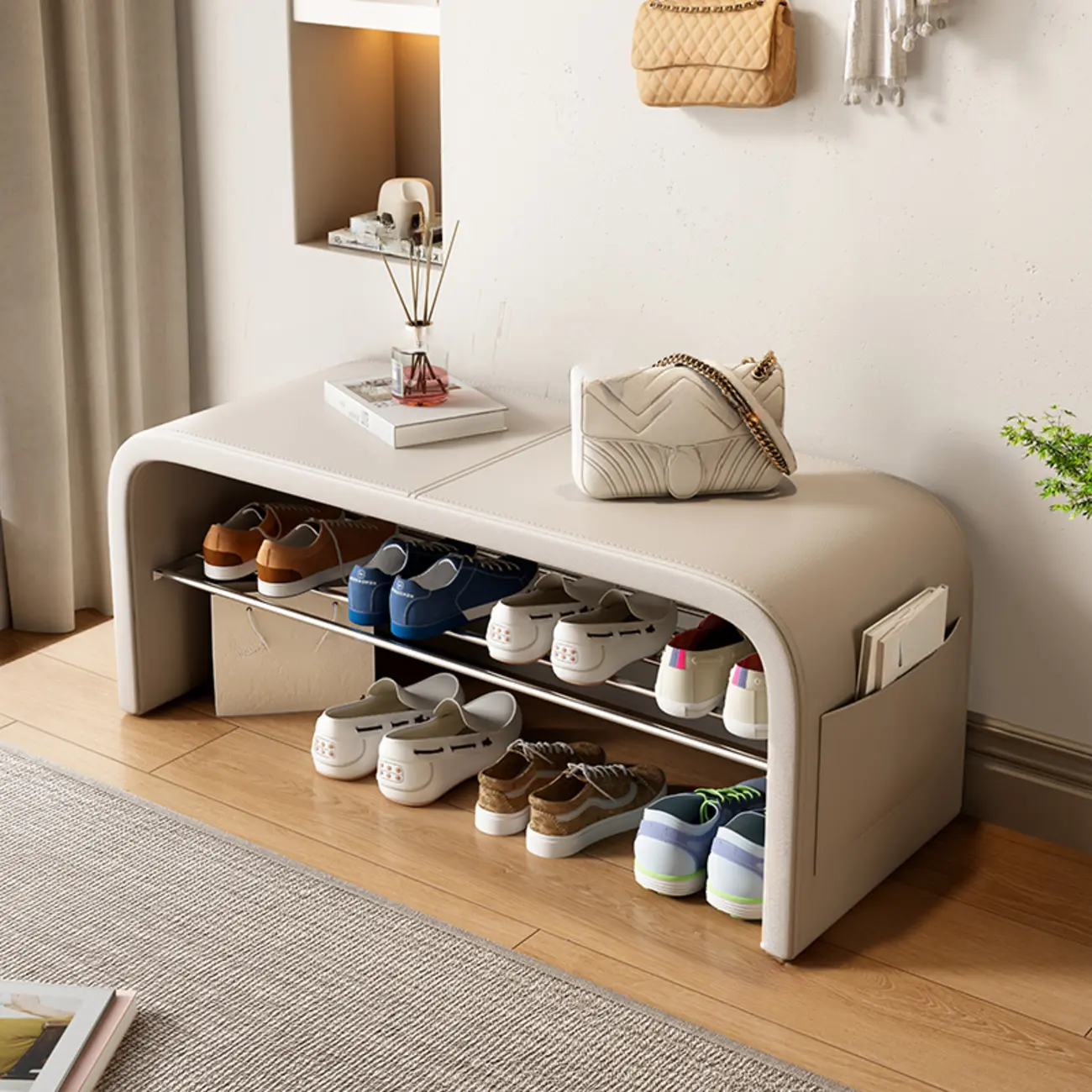 Minimalist Square Cushioned Metal Storage Entryway Bench Image - 10 | homeyfad