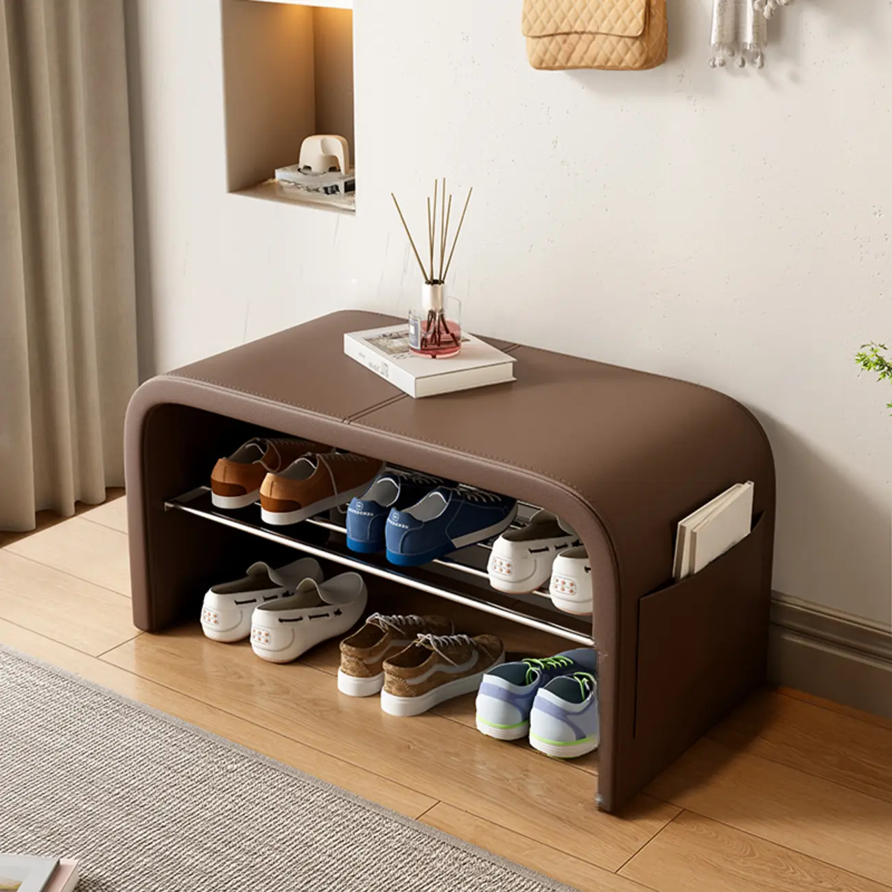 Minimalist Square Cushioned Metal Storage Entryway Bench Image - 15 | homeyfad