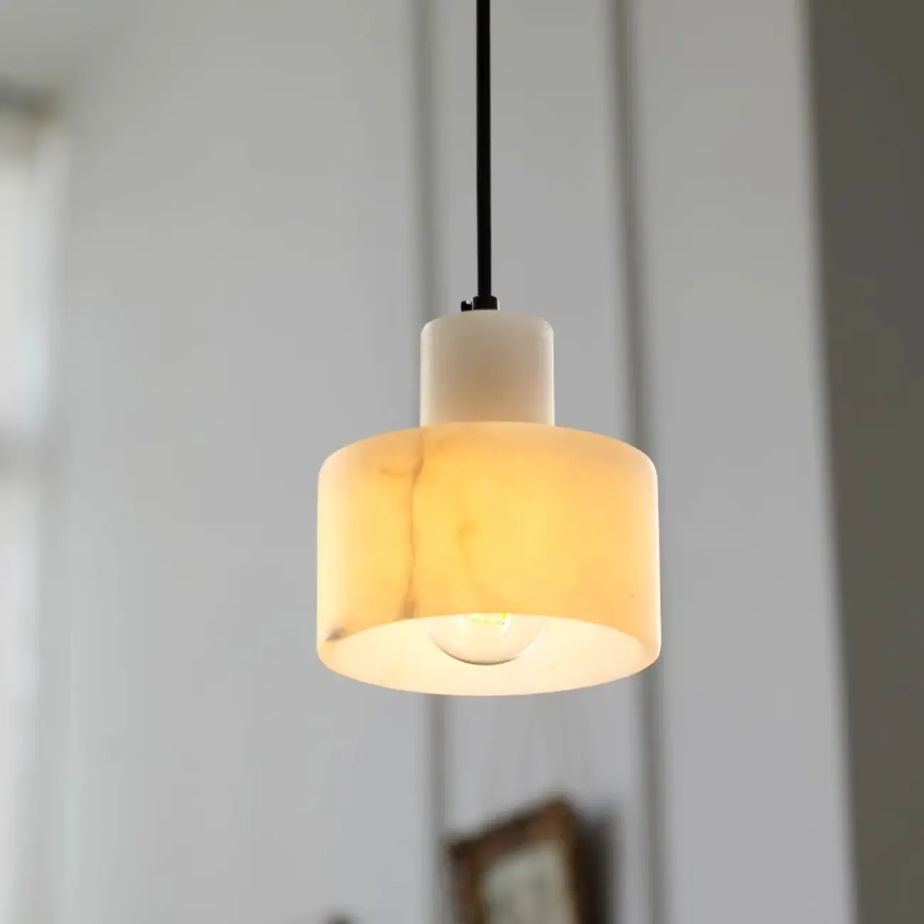 Modern Cylinder White Stone Hanging Pendant Light Image - 4