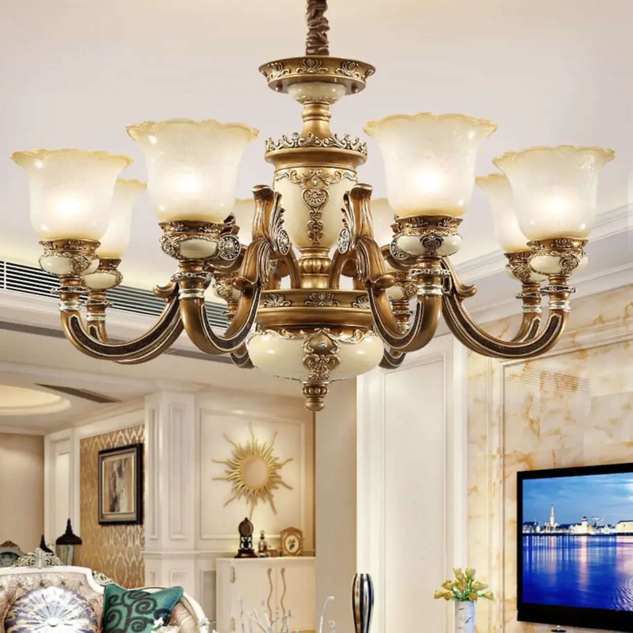 European Vintage Brass Floral Glass Ceramic Chandelier Image - 1