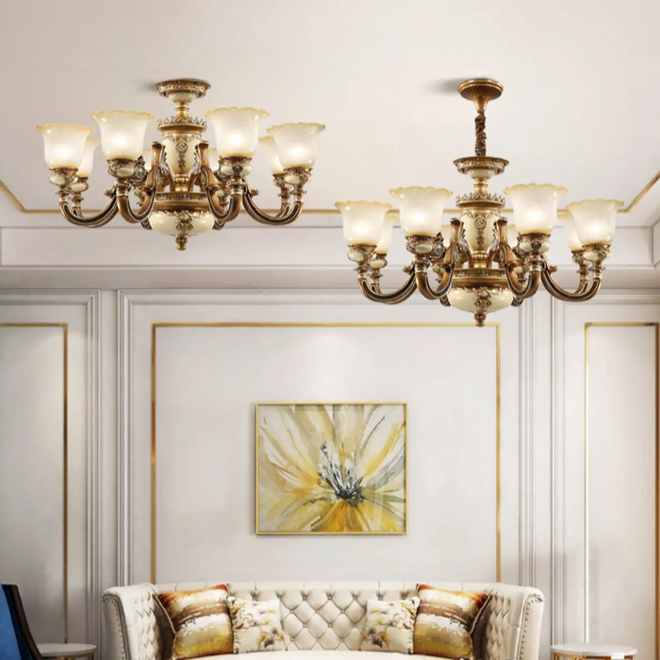 European Vintage Brass Floral Glass Ceramic Chandelier Image - 2 | homeyfad