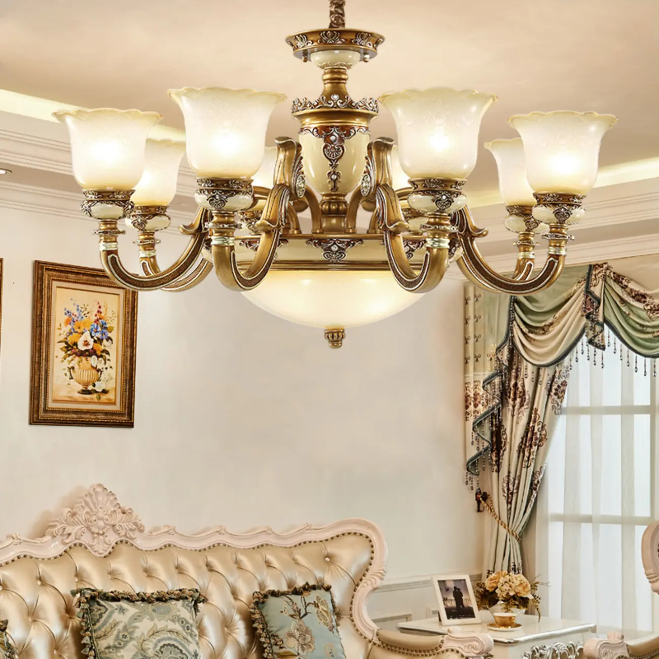 European Vintage Brass Floral Glass Ceramic Chandelier Image - 3 | homeyfad