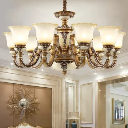 European Vintage Brass Floral Glass Ceramic Chandelier Image - 4