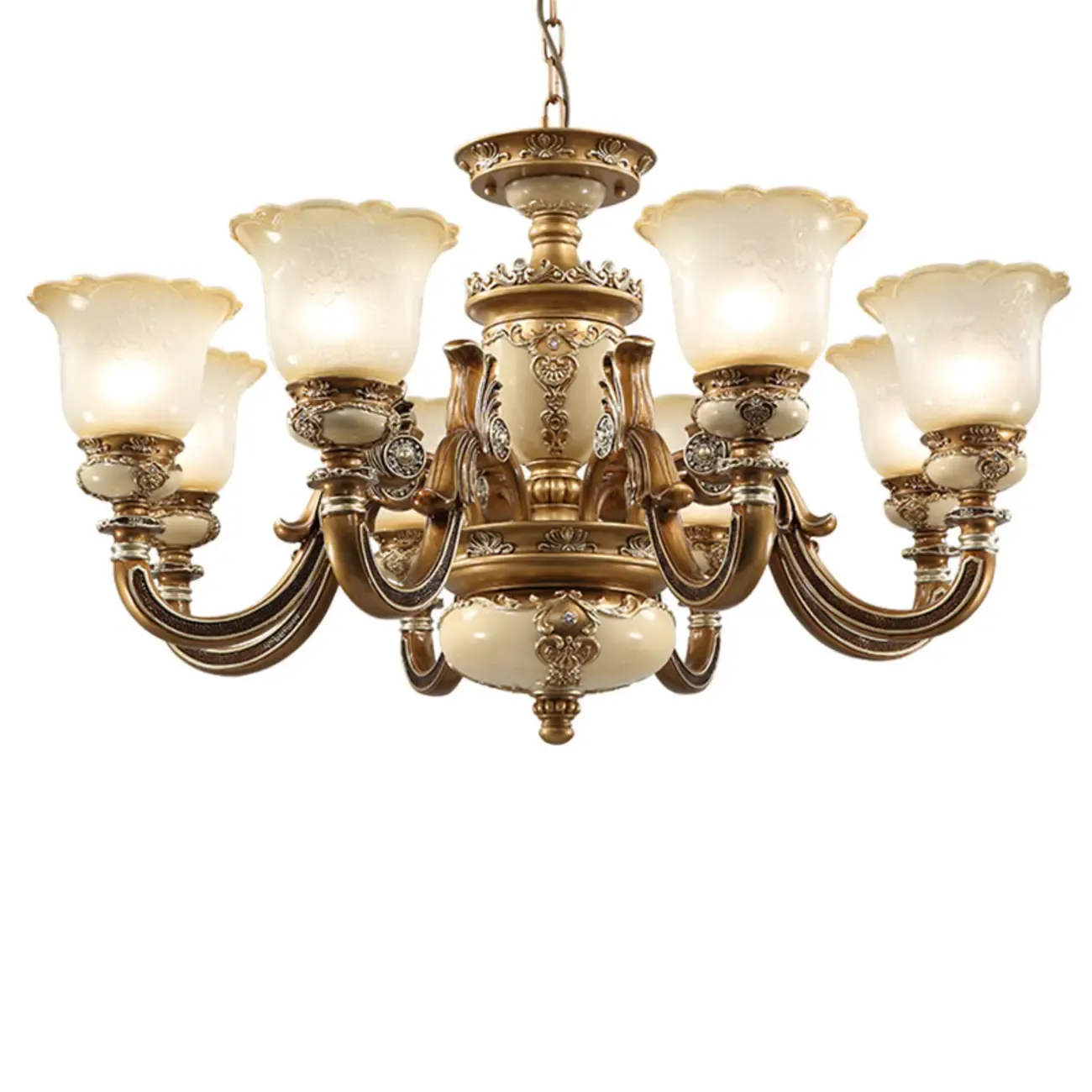 European Vintage Brass Floral Glass Ceramic Chandelier Image - 5