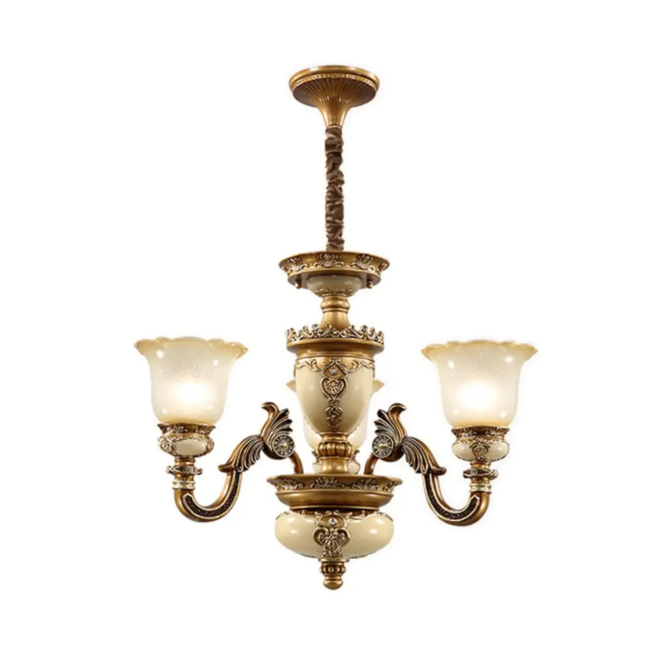 European Vintage Brass Floral Glass Ceramic Chandelier Image - 10