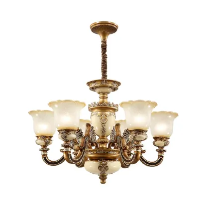 European Vintage Brass Floral Glass Ceramic Chandelier Image - 11