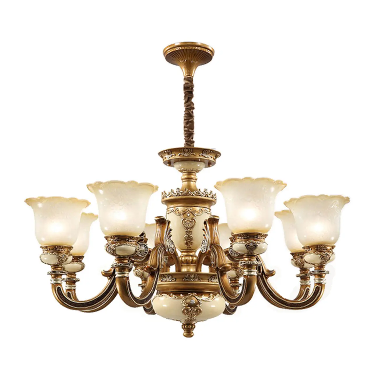 European Vintage Brass Floral Glass Ceramic Chandelier Image - 12 | homeyfad