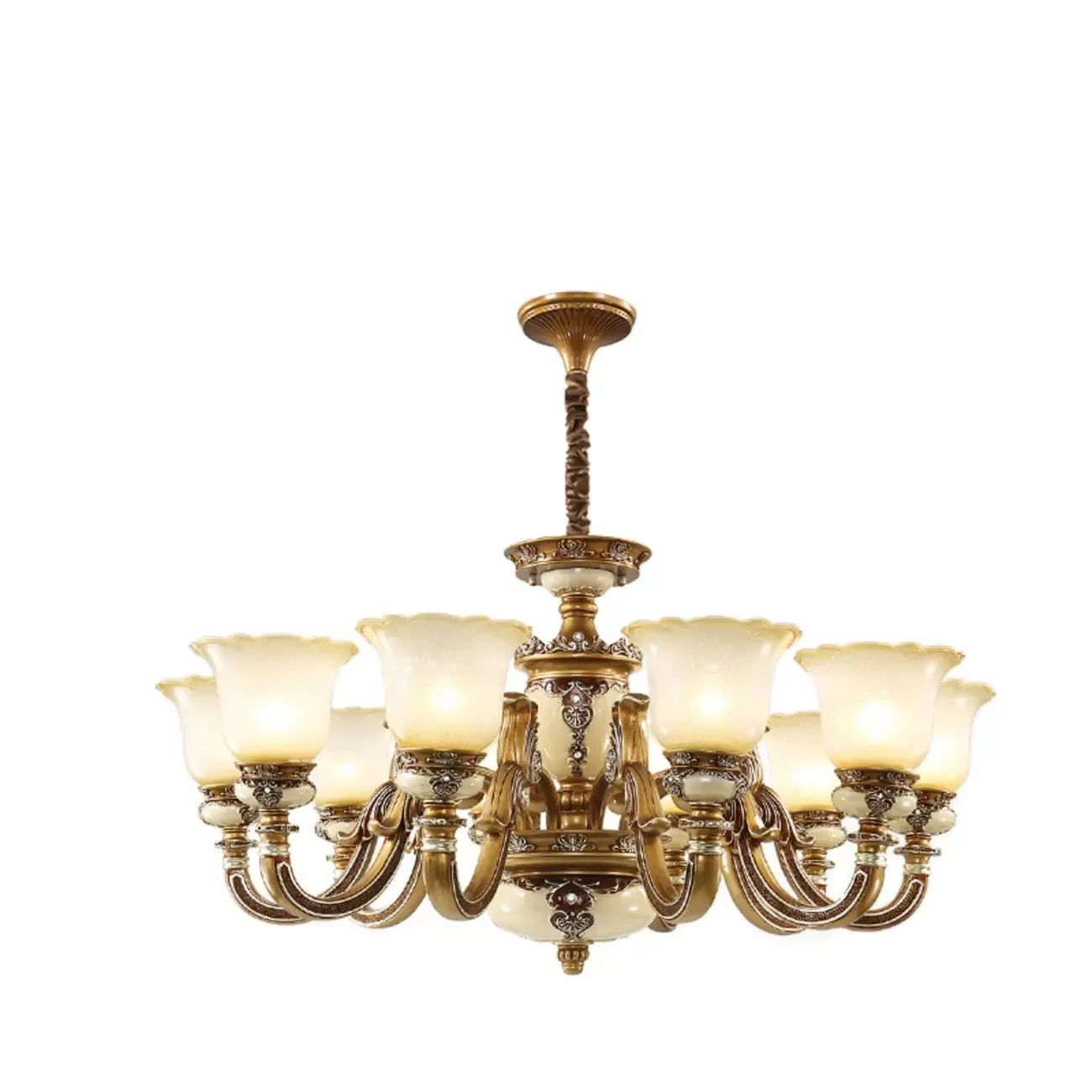 European Vintage Brass Floral Glass Ceramic Chandelier Image - 13